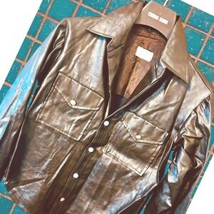 Russ Vintage Faux Leather Shacket Medium Brown Gold Crest Buttons
